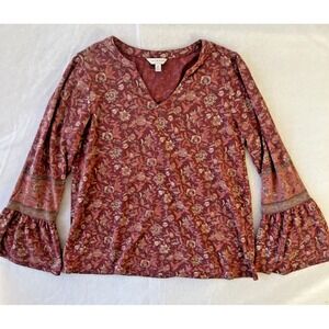 Lucky Brand Boho Peasant Blouse Size S Burgundy Bell‎ Sleeves Cottage Core